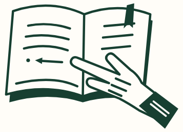 An original green line drawing of a hand following a line in an open book
